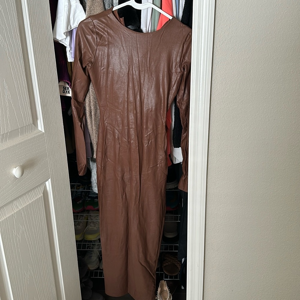 Sexy faux leather brown maxi dress by naked wardrobe
